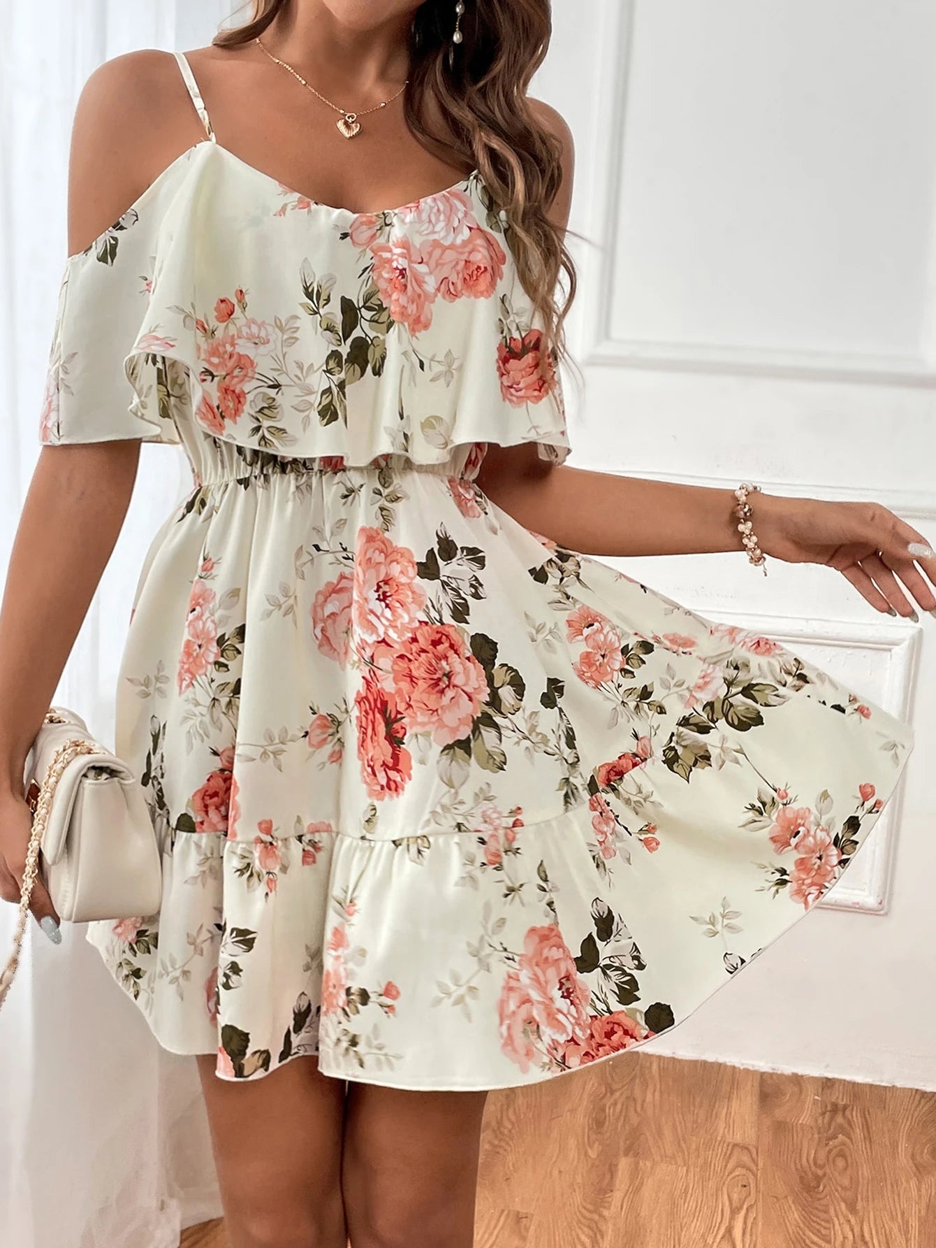 SHEIN Clasi Romantic Flower And Plant Printed Off-The-Shoulder Ruffle Strap Vacation Summer Dress Dresses Graduation,Summer Dresses For Women