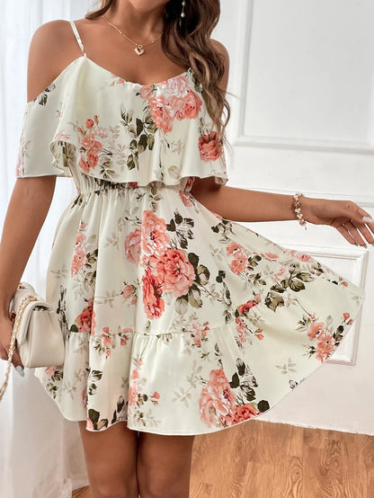 SHEIN Clasi Romantic Flower And Plant Printed Off-The-Shoulder Ruffle Strap Vacation Summer Dress Dresses Graduation,Summer Dresses For Women