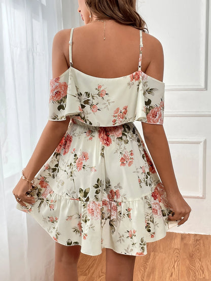 SHEIN Clasi Romantic Flower And Plant Printed Off-The-Shoulder Ruffle Strap Vacation Summer Dress Dresses Graduation,Summer Dresses For Women