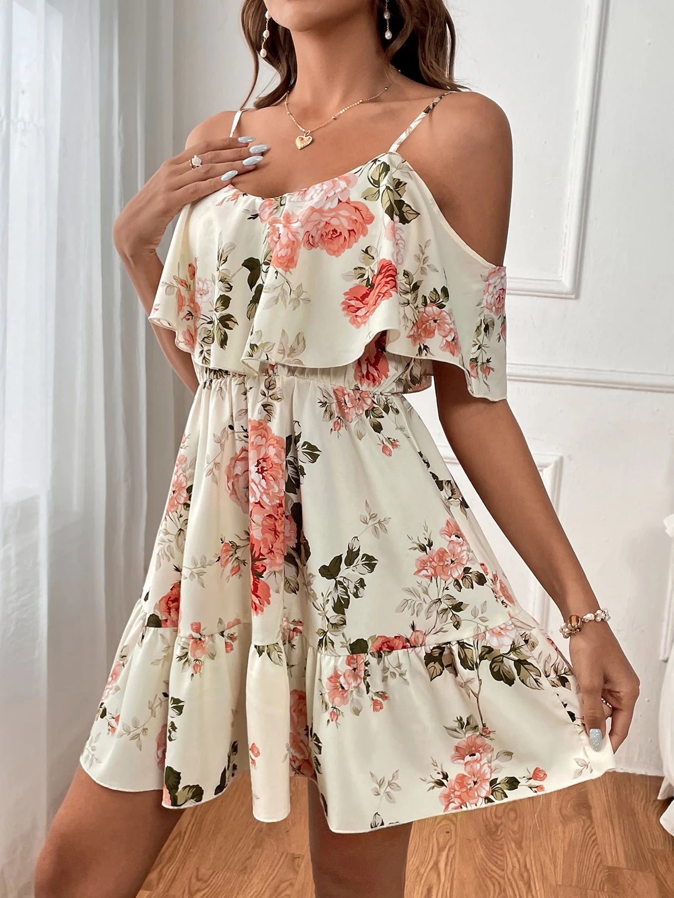 SHEIN Clasi Romantic Flower And Plant Printed Off-The-Shoulder Ruffle Strap Vacation Summer Dress Dresses Graduation,Summer Dresses For Women