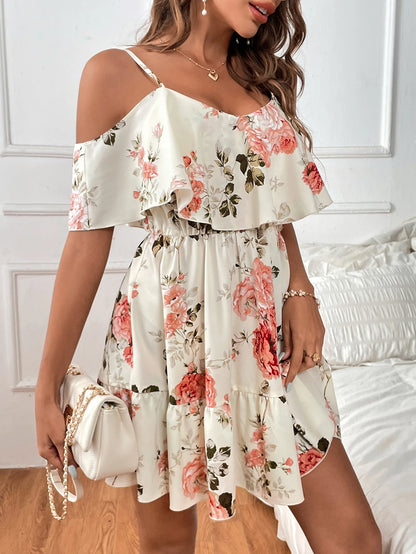 SHEIN Clasi Romantic Flower And Plant Printed Off-The-Shoulder Ruffle Strap Vacation Summer Dress Dresses Graduation,Summer Dresses For Women