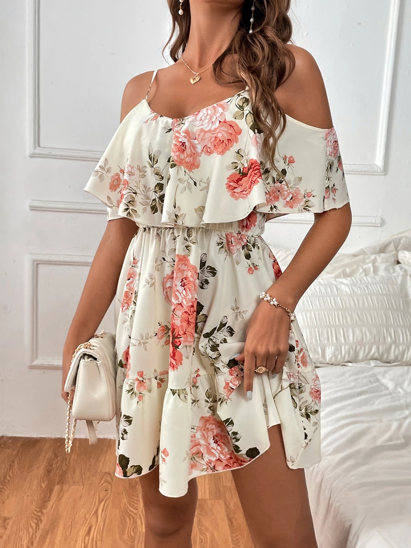 SHEIN Clasi Romantic Flower And Plant Printed Off-The-Shoulder Ruffle Strap Vacation Summer Dress Dresses Graduation,Summer Dresses For Women