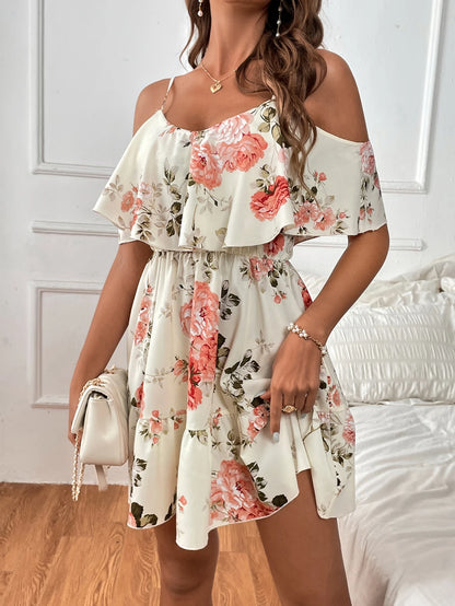 SHEIN Clasi Romantic Flower And Plant Printed Off-The-Shoulder Ruffle Strap Vacation Summer Dress Dresses Graduation,Summer Dresses For Women