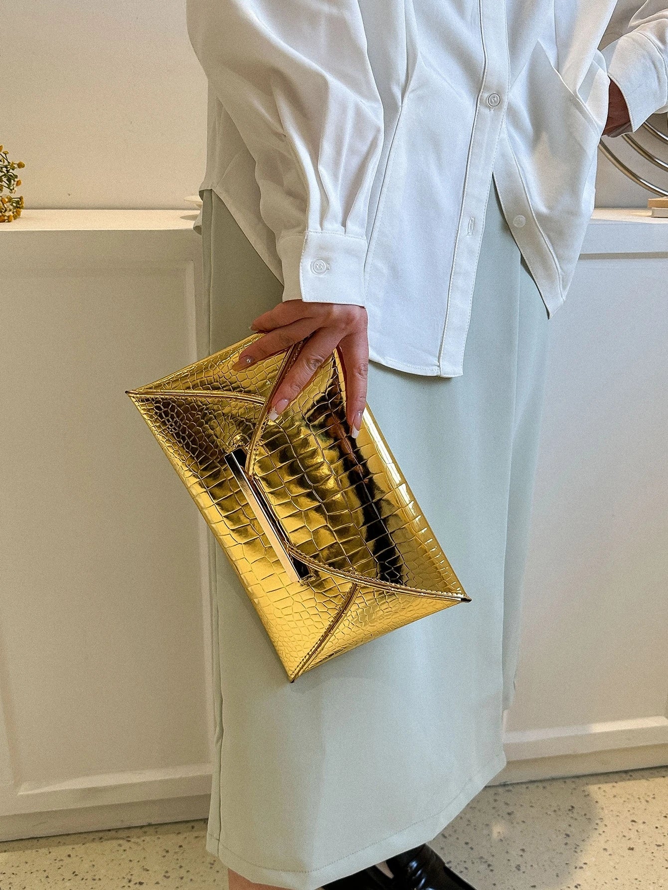 Crocodile Print, Snake Print, Solid Color, Minimalist, Fashionable, Casual PU Clutch, Envelope Bag, Fashionable Clutch Bags For Woman