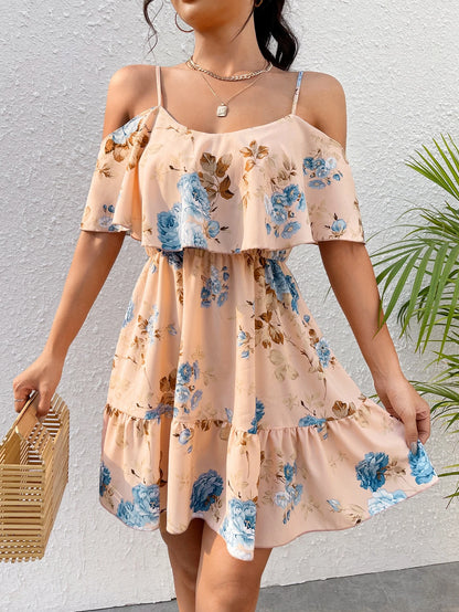 SHEIN Clasi Romantic Flower And Plant Printed Off-The-Shoulder Ruffle Strap Vacation Summer Dress Dresses Graduation,Summer Dresses For Women