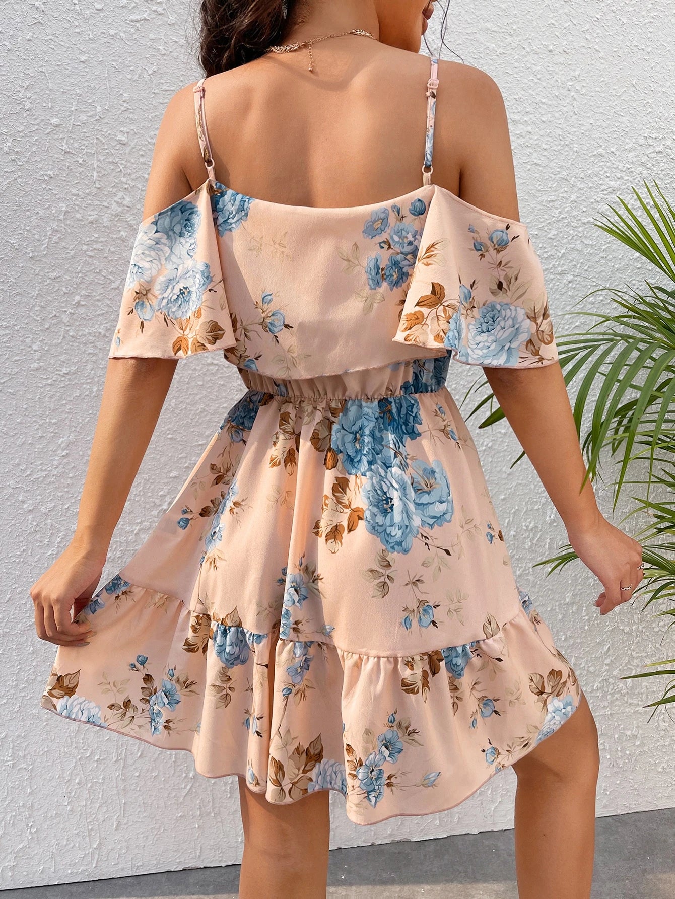 SHEIN Clasi Romantic Flower And Plant Printed Off-The-Shoulder Ruffle Strap Vacation Summer Dress Dresses Graduation,Summer Dresses For Women