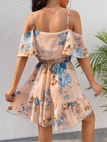 SHEIN Clasi Romantic Flower And Plant Printed Off-The-Shoulder Ruffle Strap Vacation Summer Dress Dresses Graduation,Summer Dresses For Women
