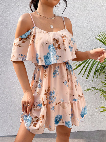 SHEIN Clasi Romantic Flower And Plant Printed Off-The-Shoulder Ruffle Strap Vacation Summer Dress Dresses Graduation,Summer Dresses For Women