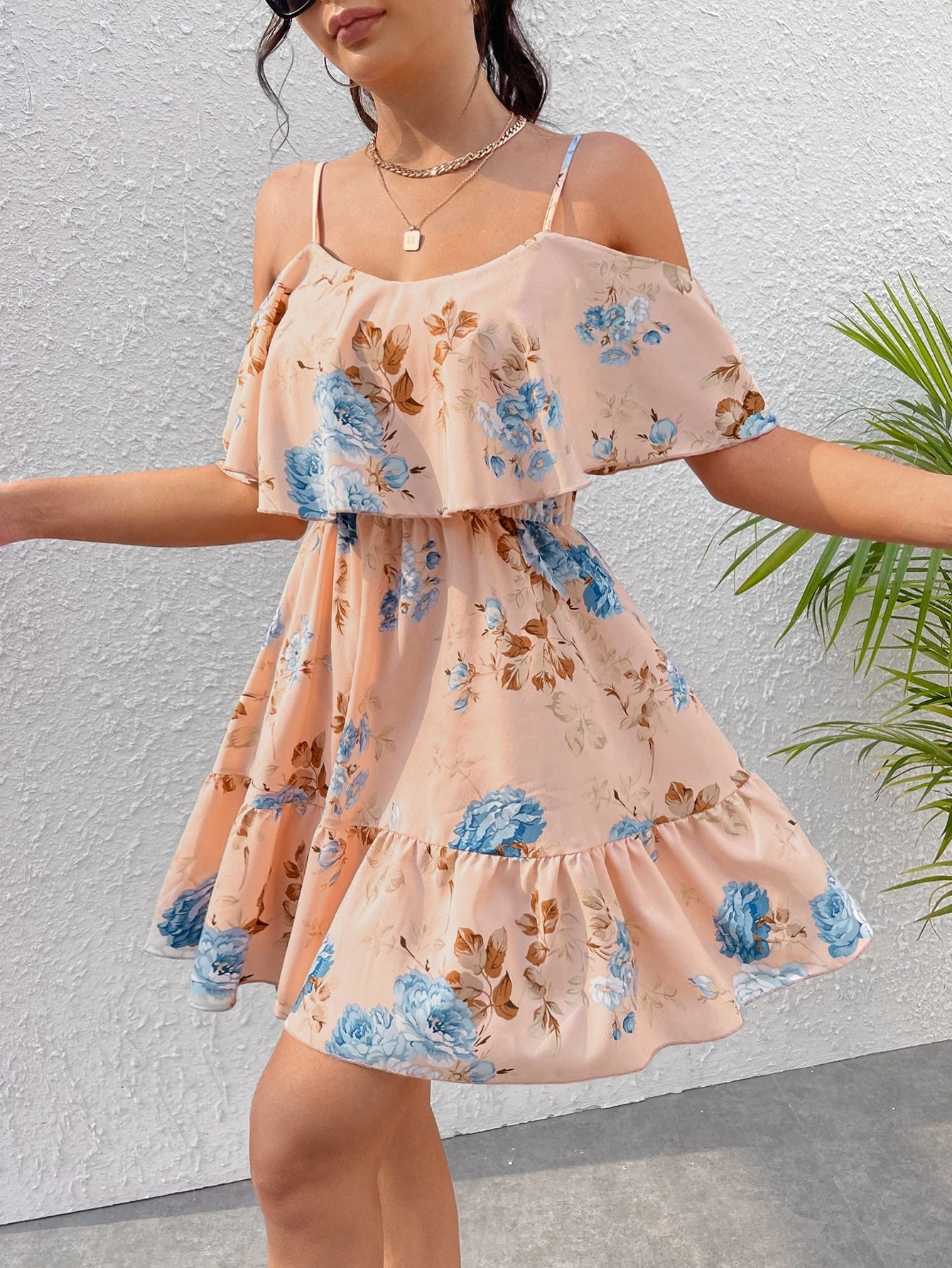 SHEIN Clasi Romantic Flower And Plant Printed Off-The-Shoulder Ruffle Strap Vacation Summer Dress Dresses Graduation,Summer Dresses For Women