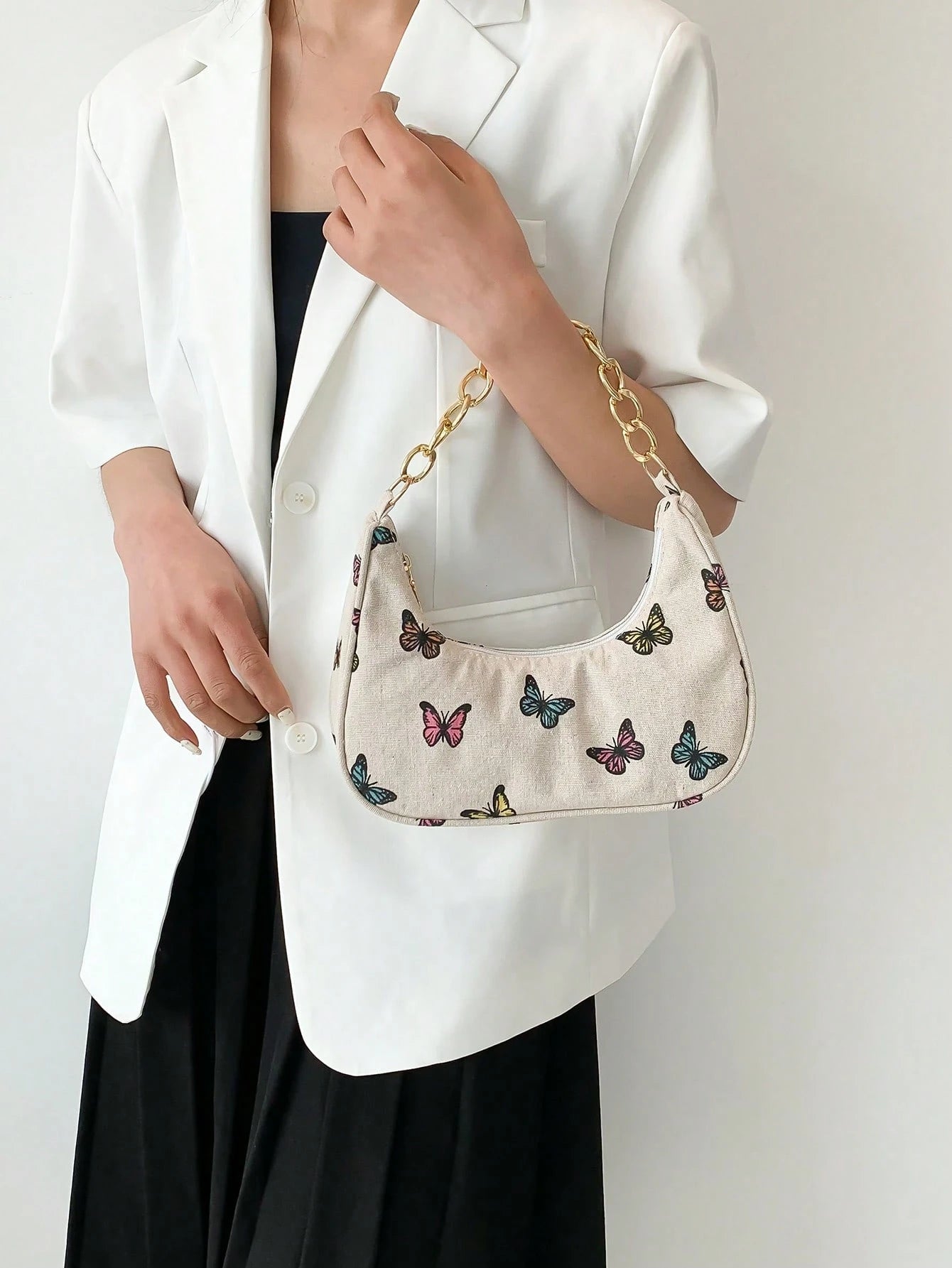 Fashion Metal Chain Handbag With Flower Design,Floral Printed Canvas Shoulder Bag , Tready Crescent Moon Bag For Women, Exquisite Floral Bag For Women