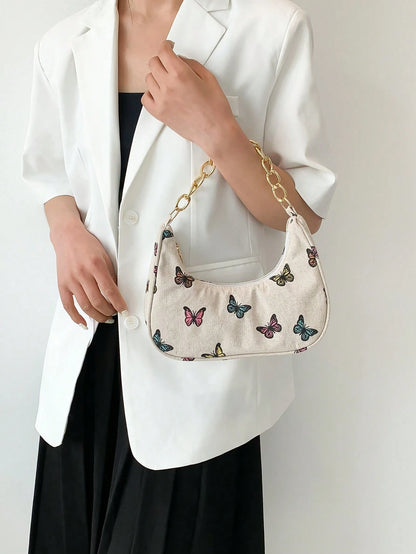 Fashion Metal Chain Handbag With Flower Design,Floral Printed Canvas Shoulder Bag , Tready Crescent Moon Bag For Women, Exquisite Floral Bag For Women