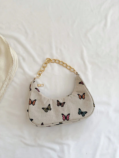 Fashion Metal Chain Handbag With Flower Design,Floral Printed Canvas Shoulder Bag , Tready Crescent Moon Bag For Women, Exquisite Floral Bag For Women