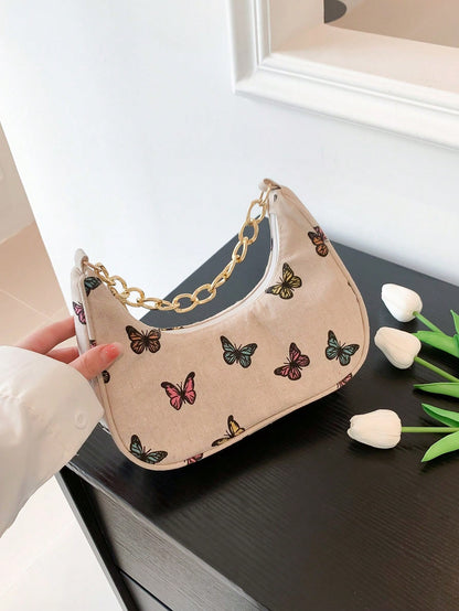Fashion Metal Chain Handbag With Flower Design,Floral Printed Canvas Shoulder Bag , Tready Crescent Moon Bag For Women, Exquisite Floral Bag For Women