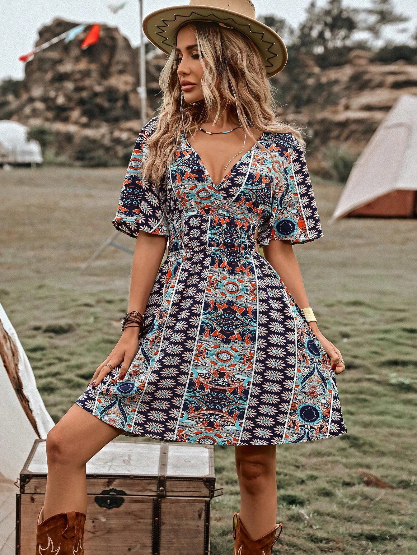 Breezaya Allover Print Butterfly Sleeve Belted Dress Vacation Beach Outfits Women