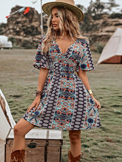 Breezaya Allover Print Butterfly Sleeve Belted Dress Vacation Beach Outfits Women