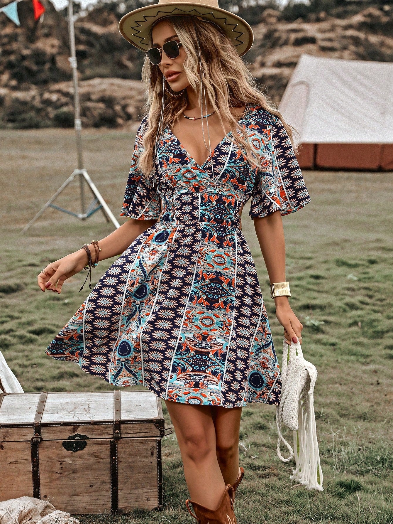 Breezaya Allover Print Butterfly Sleeve Belted Dress Vacation Beach Outfits Women