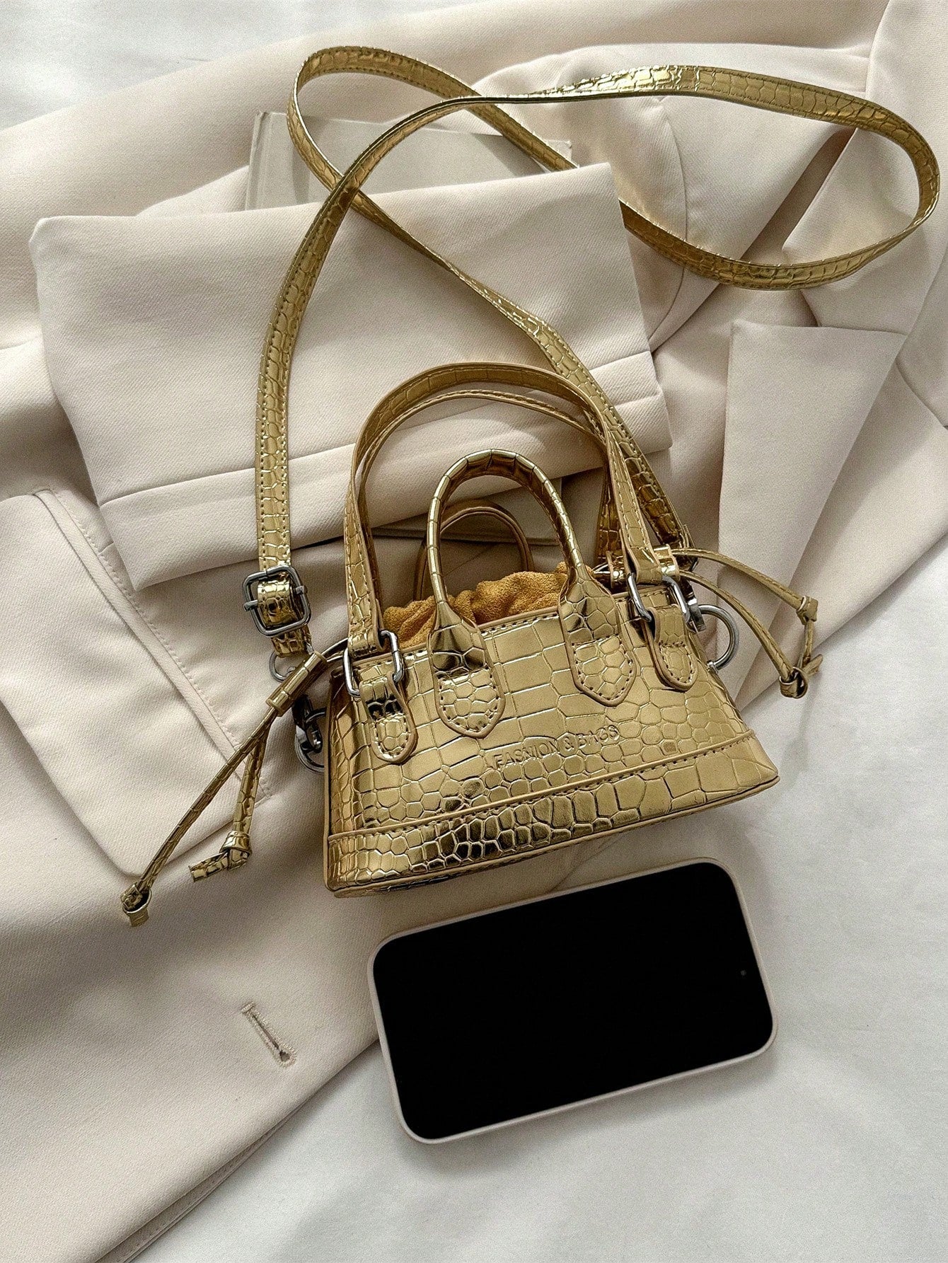 Crocodile Embossed Bucket Bag Mini Drawstring Design Funky