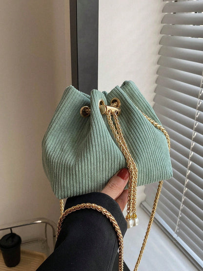 Fashion Solid Color Hollow Out Woven Chain Drawstring Mini Crossbody Bucket Bag