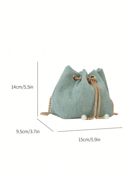 Fashion Solid Color Hollow Out Woven Chain Drawstring Mini Crossbody Bucket Bag