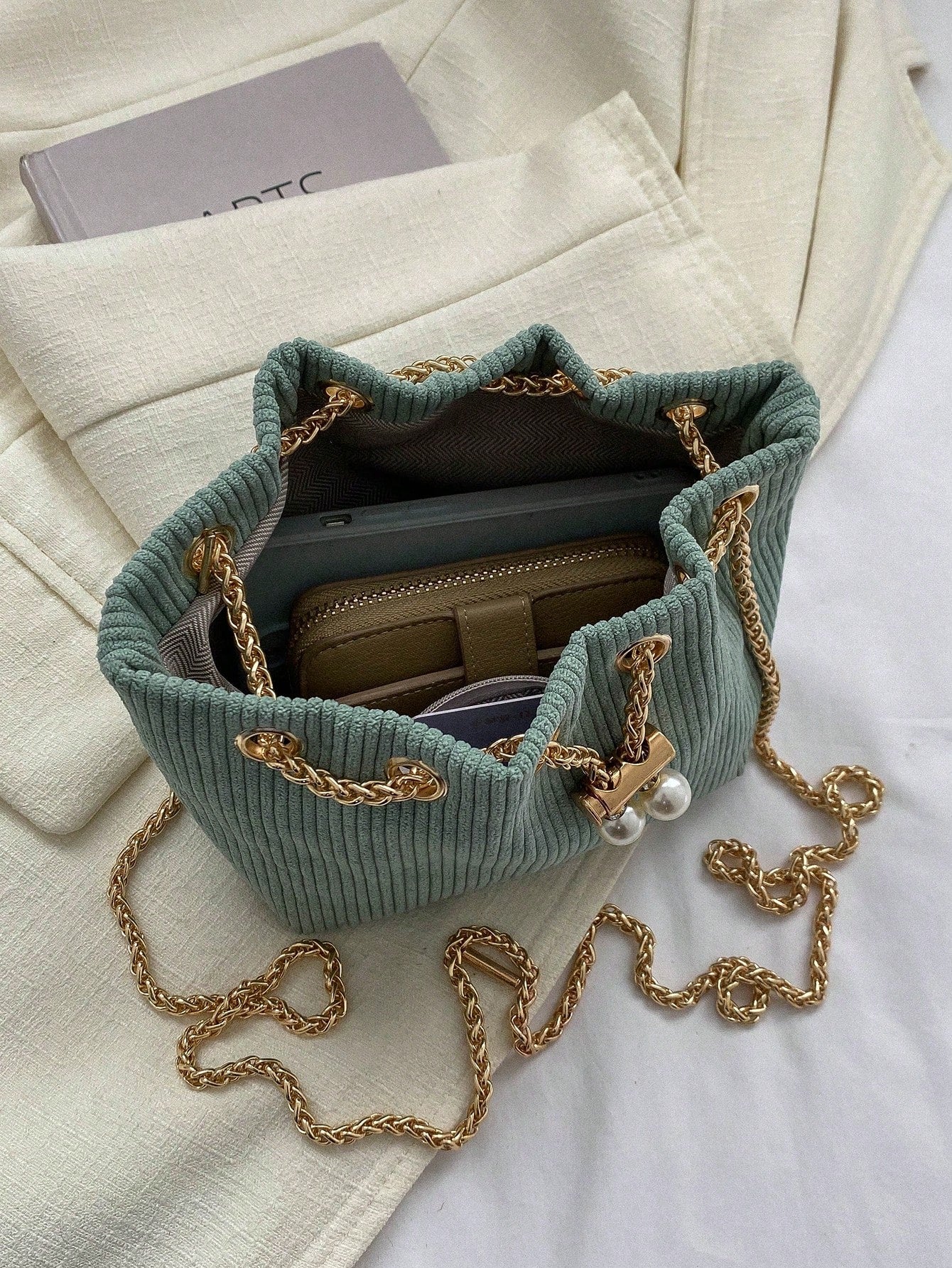 Fashion Solid Color Hollow Out Woven Chain Drawstring Mini Crossbody Bucket Bag