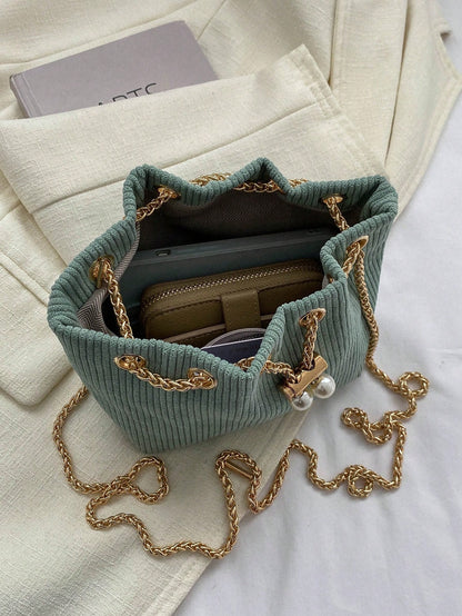 Fashion Solid Color Hollow Out Woven Chain Drawstring Mini Crossbody Bucket Bag