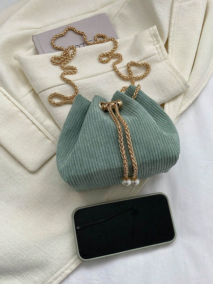 Fashion Solid Color Hollow Out Woven Chain Drawstring Mini Crossbody Bucket Bag