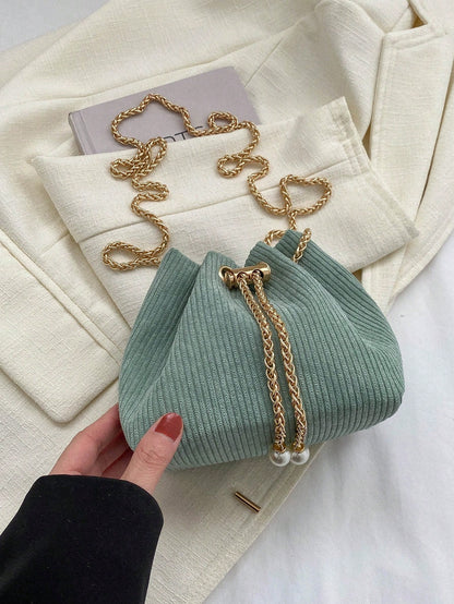 Fashion Solid Color Hollow Out Woven Chain Drawstring Mini Crossbody Bucket Bag
