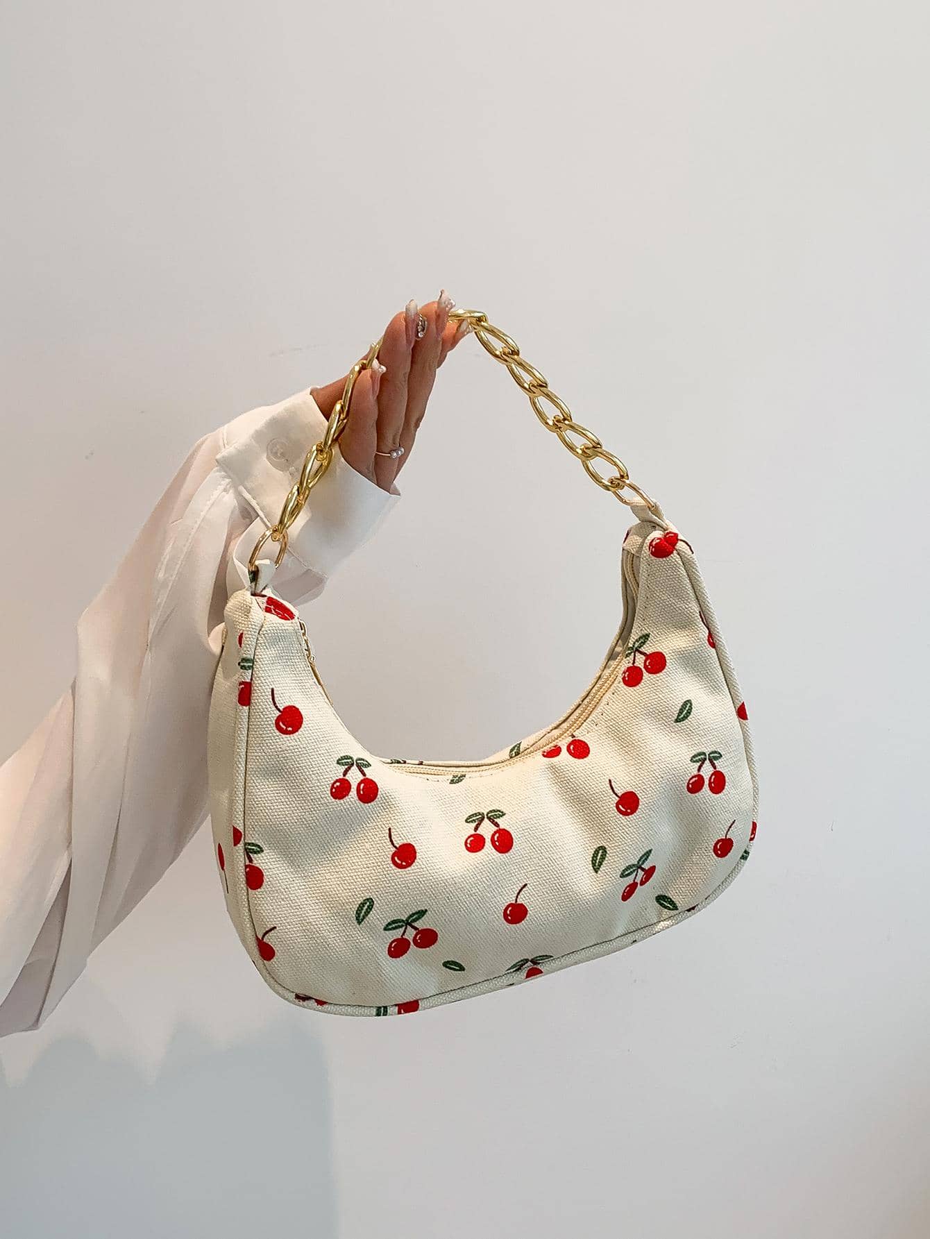 Fashion Metal Chain Handbag With Flower Design,Floral Printed Canvas Shoulder Bag , Tready Crescent Moon Bag For Women, Exquisite Floral Bag For Women