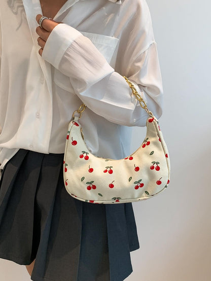 Fashion Metal Chain Handbag With Flower Design,Floral Printed Canvas Shoulder Bag , Tready Crescent Moon Bag For Women, Exquisite Floral Bag For Women