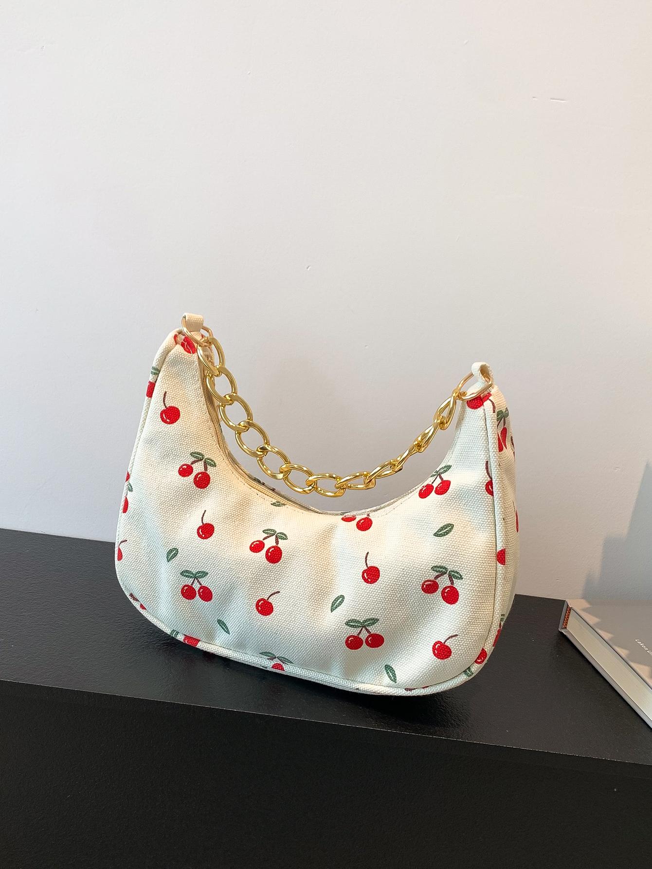 Fashion Metal Chain Handbag With Flower Design,Floral Printed Canvas Shoulder Bag , Tready Crescent Moon Bag For Women, Exquisite Floral Bag For Women