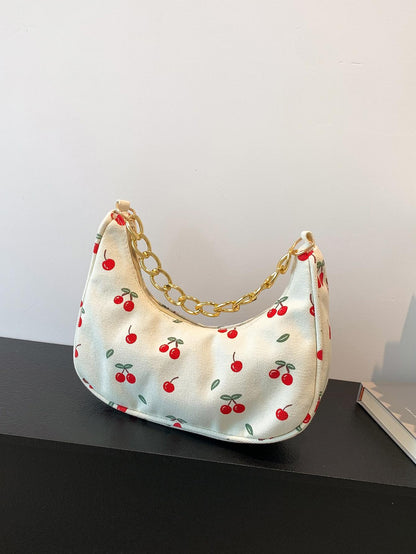 Fashion Metal Chain Handbag With Flower Design,Floral Printed Canvas Shoulder Bag , Tready Crescent Moon Bag For Women, Exquisite Floral Bag For Women