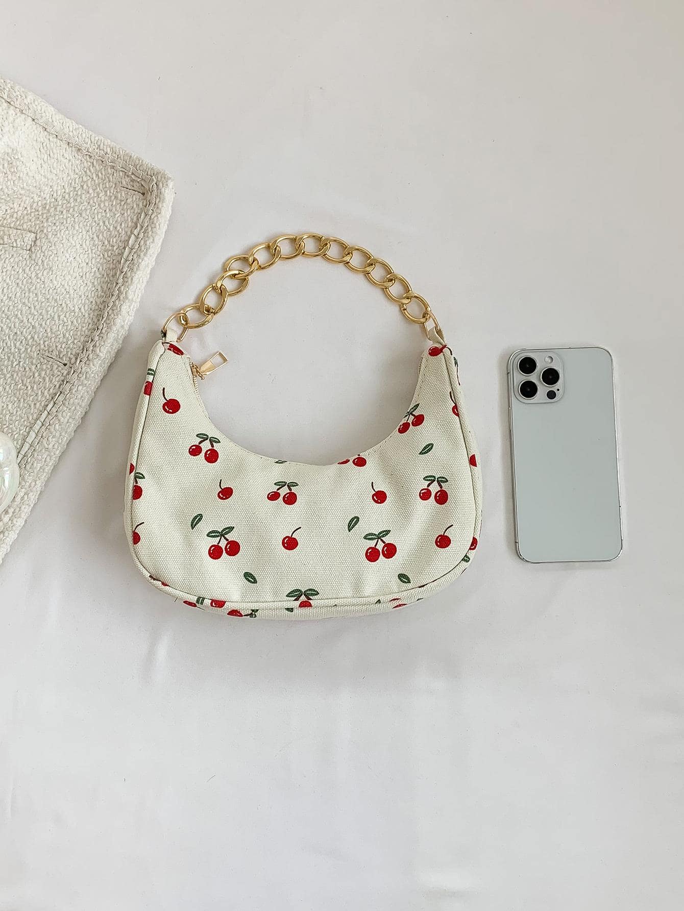 Fashion Metal Chain Handbag With Flower Design,Floral Printed Canvas Shoulder Bag , Tready Crescent Moon Bag For Women, Exquisite Floral Bag For Women