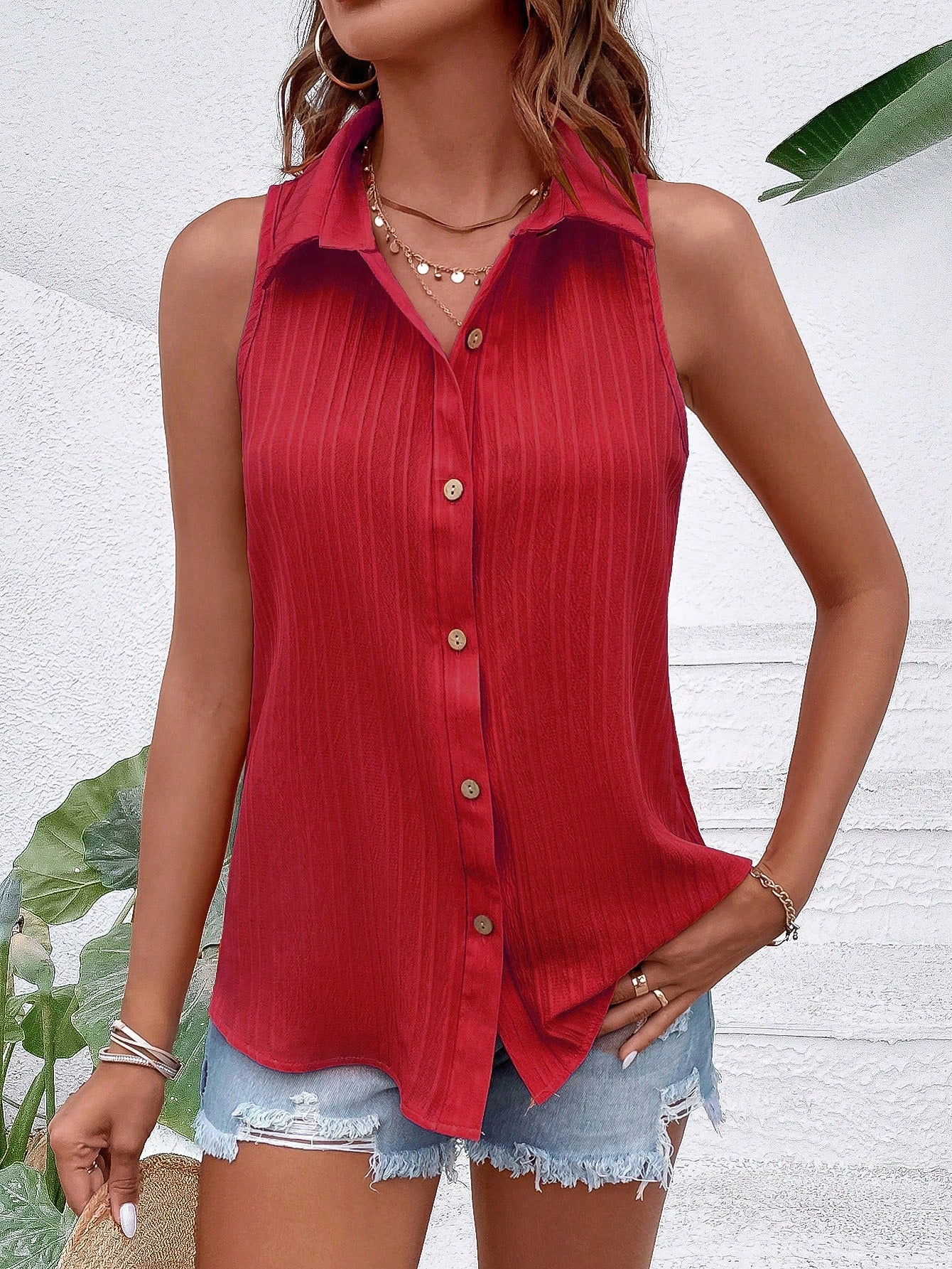 EMERY ROSE Sleeveless Button-Up Minimalist Casual Blouse Women Shirt