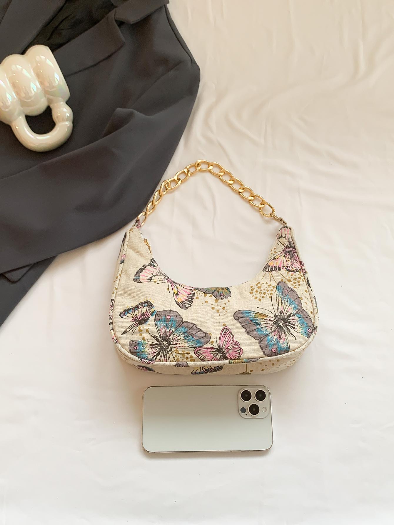 Fashion Metal Chain Handbag With Flower Design,Floral Printed Canvas Shoulder Bag , Tready Crescent Moon Bag For Women, Exquisite Floral Bag For Women