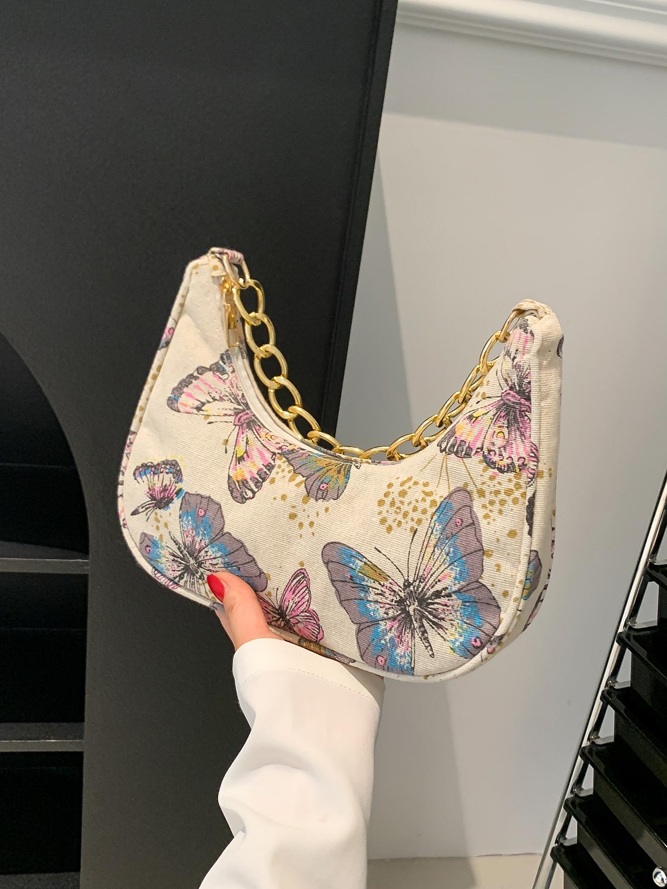Fashion Metal Chain Handbag With Flower Design,Floral Printed Canvas Shoulder Bag , Tready Crescent Moon Bag For Women, Exquisite Floral Bag For Women