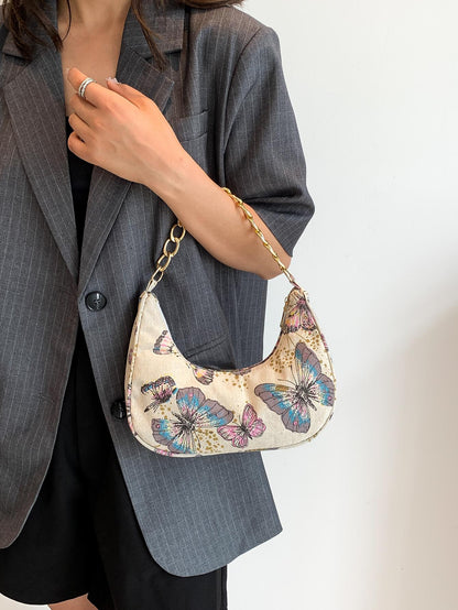 Fashion Metal Chain Handbag With Flower Design,Floral Printed Canvas Shoulder Bag , Tready Crescent Moon Bag For Women, Exquisite Floral Bag For Women