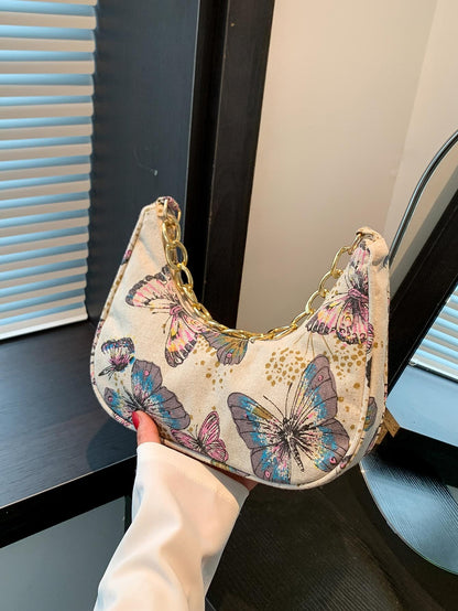 Fashion Metal Chain Handbag With Flower Design,Floral Printed Canvas Shoulder Bag , Tready Crescent Moon Bag For Women, Exquisite Floral Bag For Women