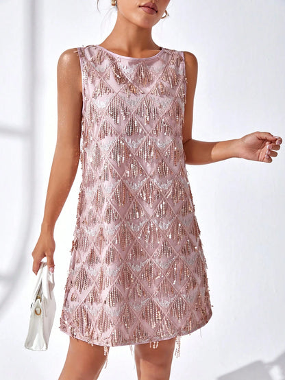 Contrast Sequin Fringe Tank Dress