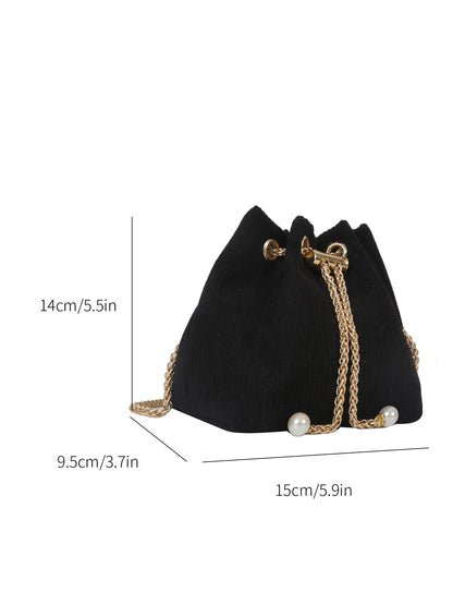 Fashion Solid Color Hollow Out Woven Chain Drawstring Mini Crossbody Bucket Bag