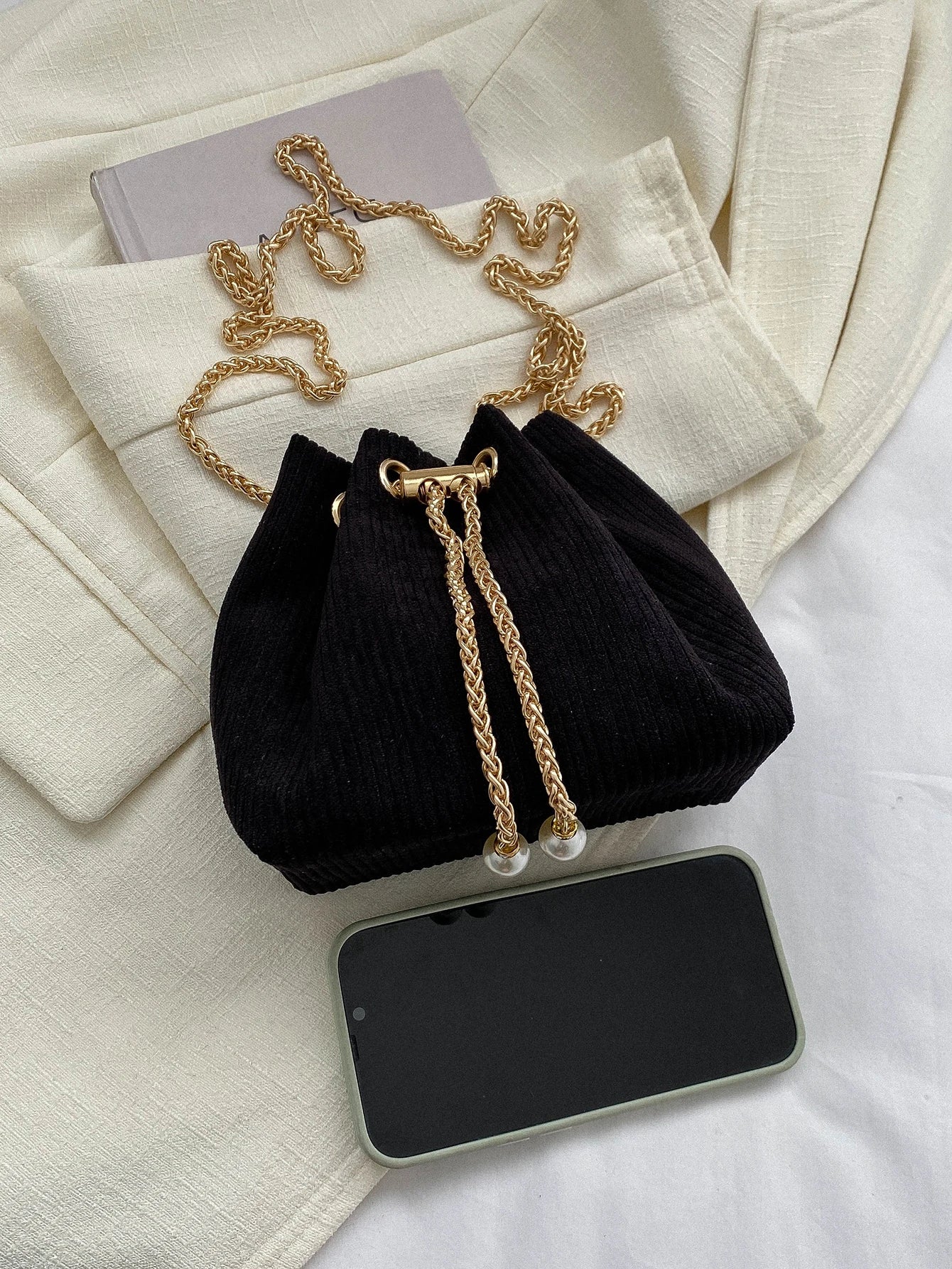 Fashion Solid Color Hollow Out Woven Chain Drawstring Mini Crossbody Bucket Bag
