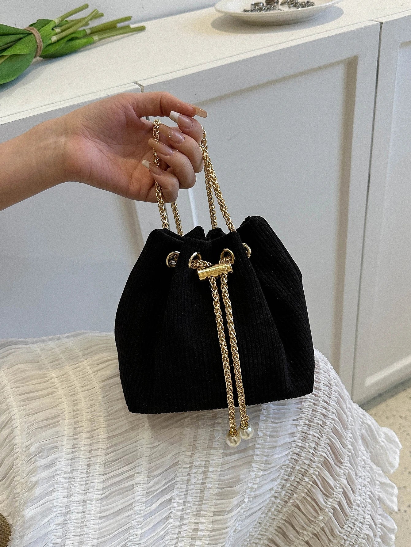 Fashion Solid Color Hollow Out Woven Chain Drawstring Mini Crossbody Bucket Bag