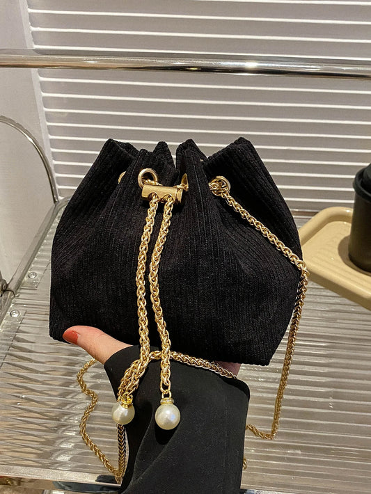 Fashion Solid Color Hollow Out Woven Chain Drawstring Mini Crossbody Bucket Bag