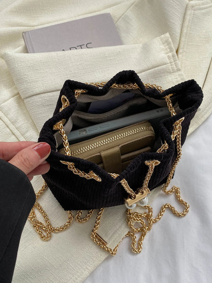 Fashion Solid Color Hollow Out Woven Chain Drawstring Mini Crossbody Bucket Bag