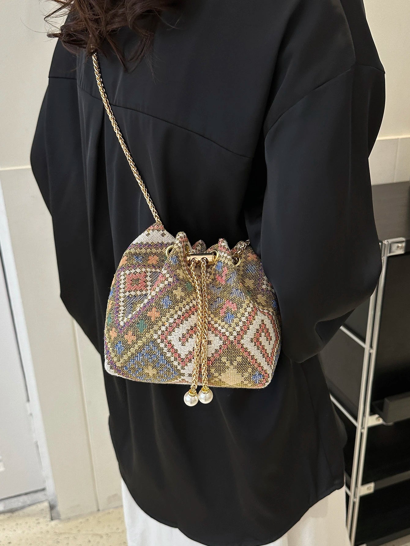 Fashion Solid Color Hollow Out Woven Chain Drawstring Mini Crossbody Bucket Bag