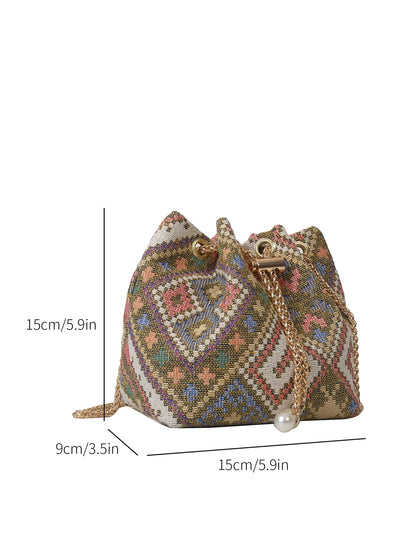 Fashion Solid Color Hollow Out Woven Chain Drawstring Mini Crossbody Bucket Bag