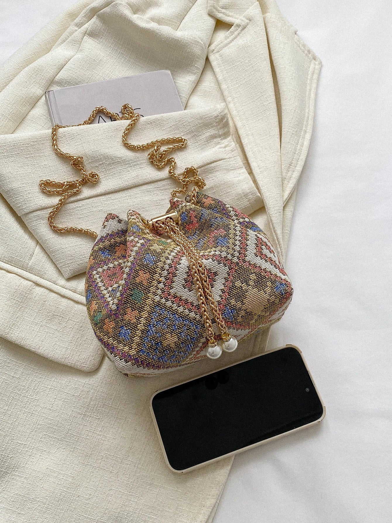 Fashion Solid Color Hollow Out Woven Chain Drawstring Mini Crossbody Bucket Bag