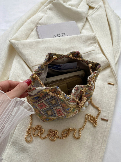 Fashion Solid Color Hollow Out Woven Chain Drawstring Mini Crossbody Bucket Bag