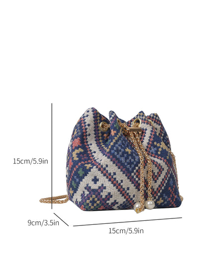 Fashion Solid Color Hollow Out Woven Chain Drawstring Mini Crossbody Bucket Bag