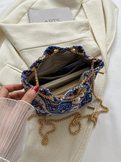 Fashion Solid Color Hollow Out Woven Chain Drawstring Mini Crossbody Bucket Bag