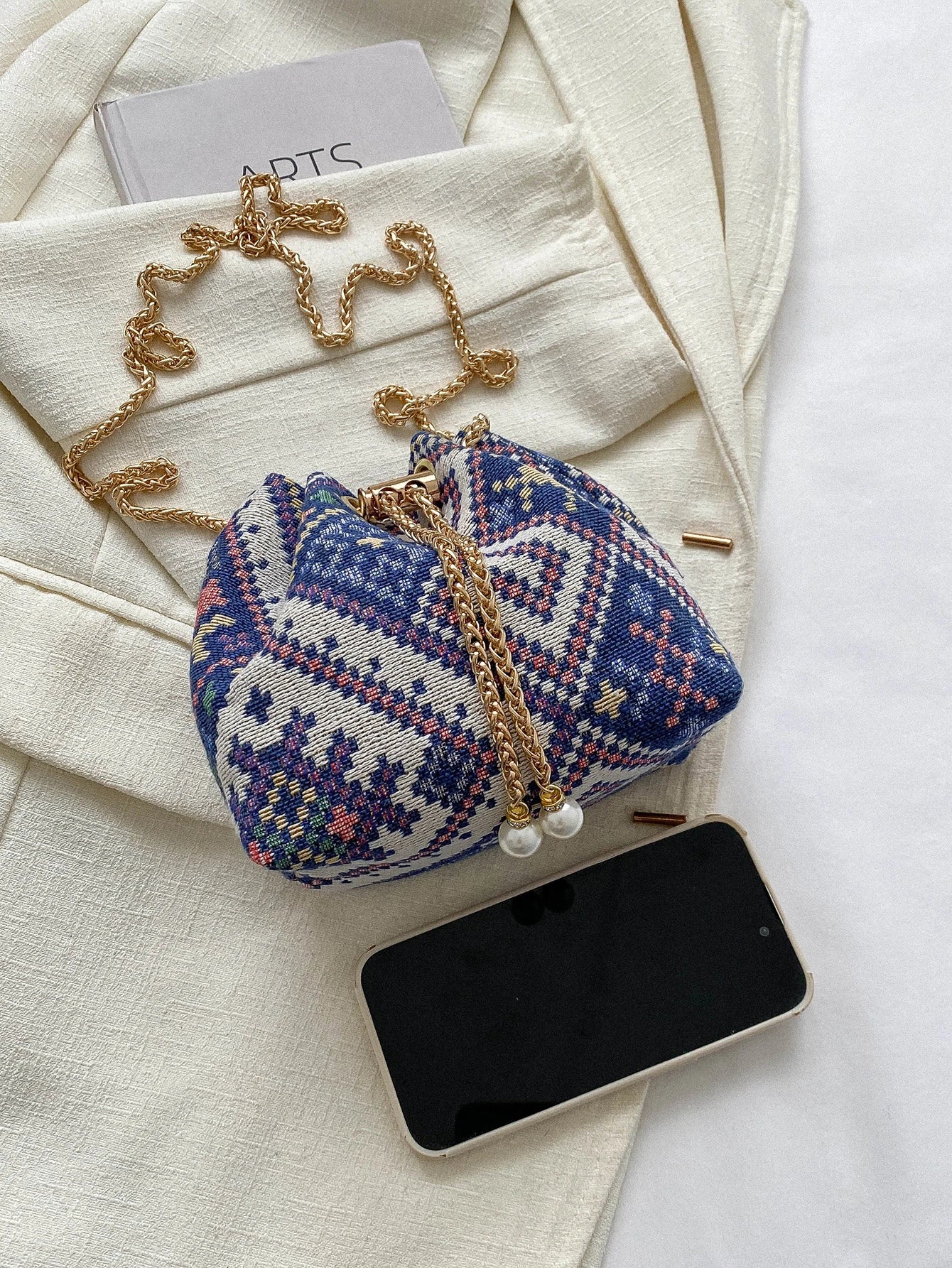 Fashion Solid Color Hollow Out Woven Chain Drawstring Mini Crossbody Bucket Bag